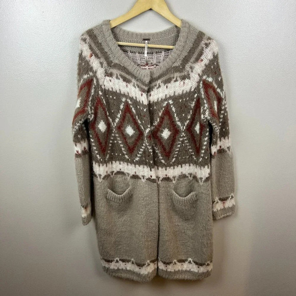 Free People Brown Frosted Fair Isle Cardigan Sweater Small Wool Mohair Blend - Picture 1 of 12